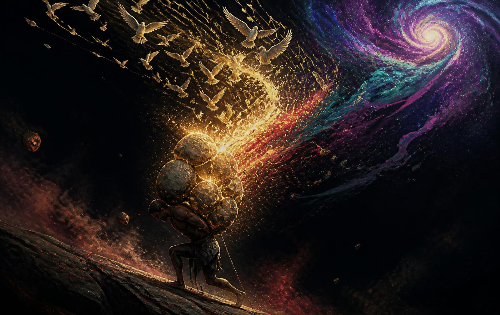 A figure carrying stones that dissolve into birds, music notes, brushstrokes and galaxies